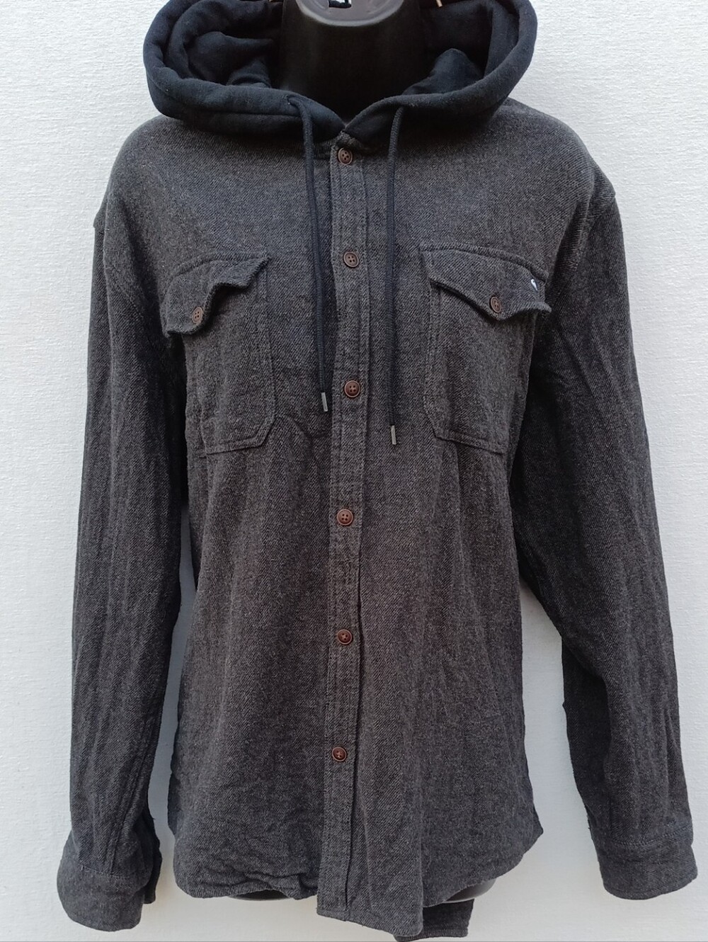 Quiksilver Dark Charcoal Grey Men's Hooded Button Up Flannel Shacket Size XL